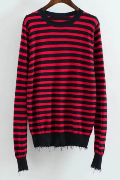 Women's Color Block Striped Long Sleeve Round Neck Pullover Sweater