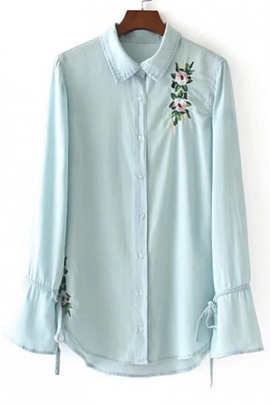 Chic Floral Embroidered Lapel Collar Long Sleeve Flared Cuff Chambray Shirt
