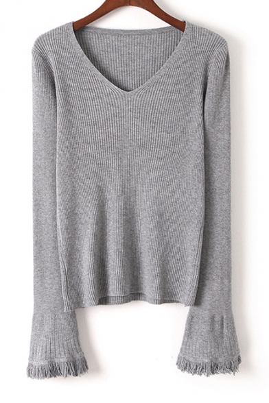 Chic Tassel Long Sleeve V-Neck Plain Pullover Sweater