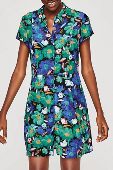 Color Block Floral Printed Lapel Short Sleeve Button Down Mini Shirt Dress