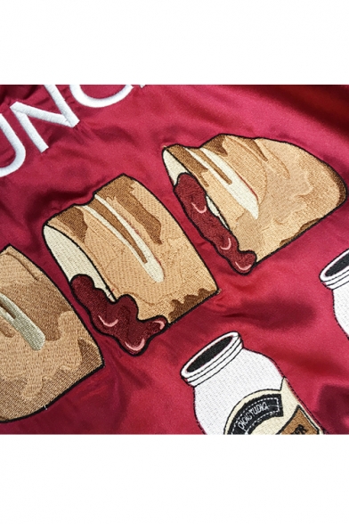 Contrast Long Sleeve Embroidery Bread Milk Butter Pattern Zip Up Baseball Jacket