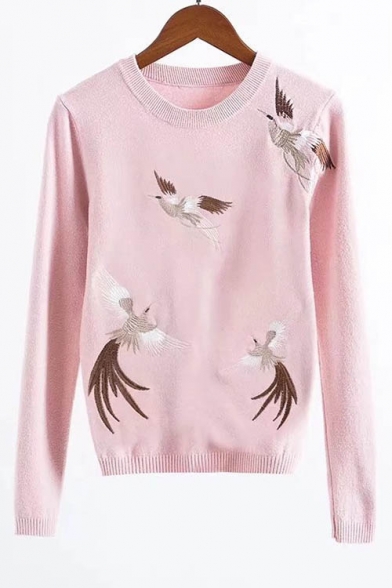 Embroidery Bird Pattern Long Sleeve Round Neck Pullover Sweater