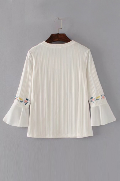 Embroidery Floral Long Sleeve Chiffon Patchwork Round Neck Pullover Sweater