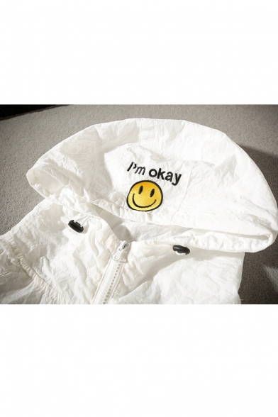 Emoji Letter Graphic Embroidered Pattern Hooded Long Sleeve Zip Fly Coat
