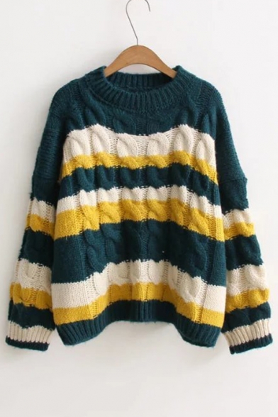 Fashion Color Block Casual Loose Round Neck Long Sleeve Cable Knit Sweater