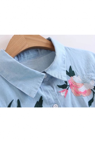 Fashion Embroidery Floral Pattern Lapel Single Breasted Denim Shirt