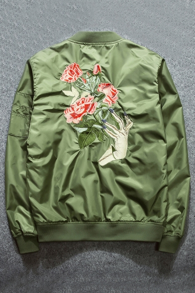 Fashion Embroidery Floral Pattern Zipper Placket Stand-Up Collar Bomber Jacket