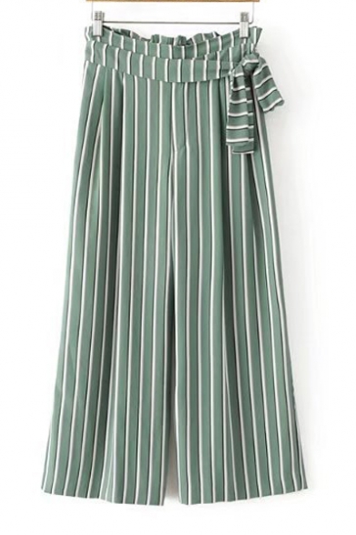 Fashion Tied Up Side High Rise Striped Pattern Loose Wide Legs Pants