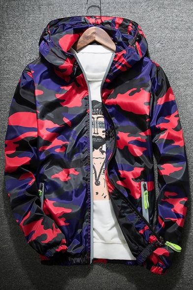 Hot Fashion Color Block Camouflage Pattern Long Sleeve Hooded Zip Up Coat