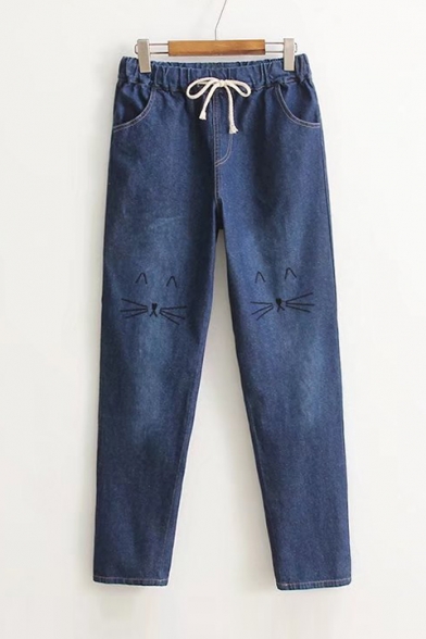 Lovely Cartoon Cat Embroidered Drawstring Waist Casual Leisure Jeans