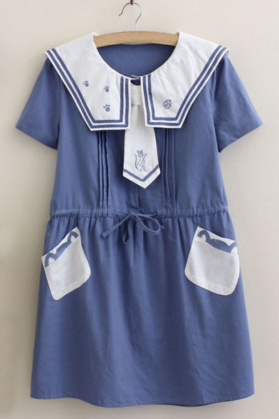 New Arrival Color Block Collared Short Sleeve Drawstring Waist Mini Smock Dress