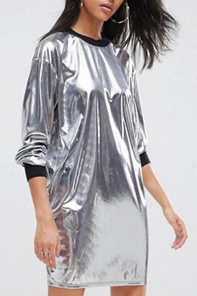 New Arrival Fashion Metallic Silver Color Block Round Neck Long Sleeve Mini Dress