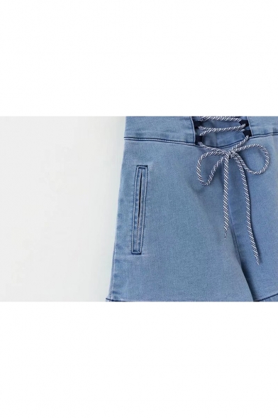 New Collection High Waist Lace-Up Zip Up Simple Plain Loose Denim Shorts
