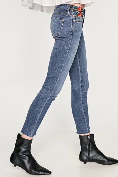 New Fashion Floral Embroidered Waist High Rise Skinny Jeans