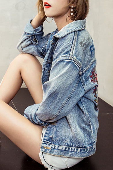 Retro Floral Embroidered Back Lapel Collar Long Sleeve Casual Denim Jacket