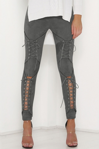 Sexy Hollow Out Lace-Up Basic Simple Plain Skinny Pants