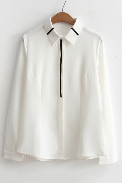 Simple Color Block Lapel Collar Long Sleeve Buttons Down Chiffon Shirt