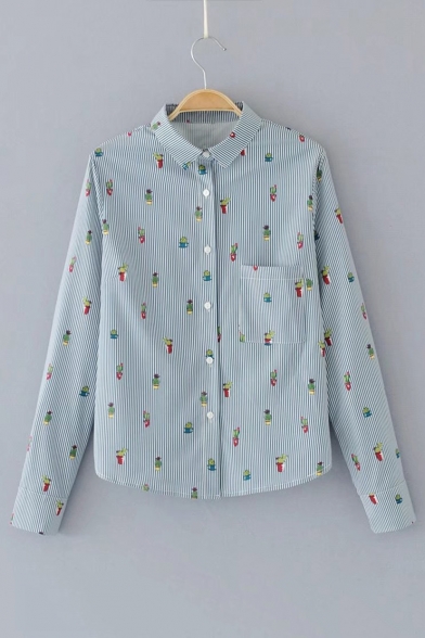 Summer's Cactus Striped Pattern Lapel Collar Long Sleeve Shirt with Single Pocket
