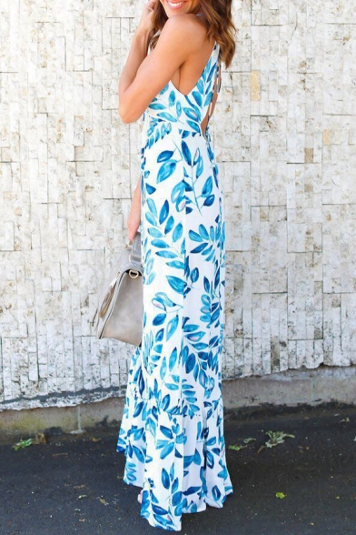 Summer's Hot Fashion Holiday Beach Floral Printed Halter Neck Maxi Dress