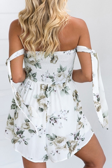 Summer's New Trendy Sexy Off The Shoulder Tied Sleeve Floral Print Rompers