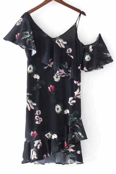 Asymmetrical Cold Shoulder Short Sleeve Fashion Floral Pattern Midi Dress