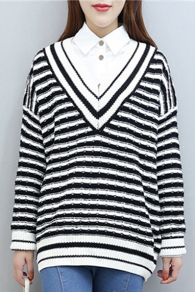 Basic V Neck Long Sleeve Striped Pattern Knit Pullover Sweater