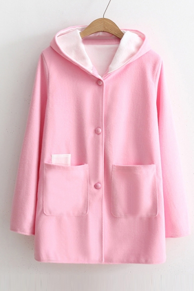 Candy Color Hooded Long Sleeve Single Breasted Plain Tunic Coat