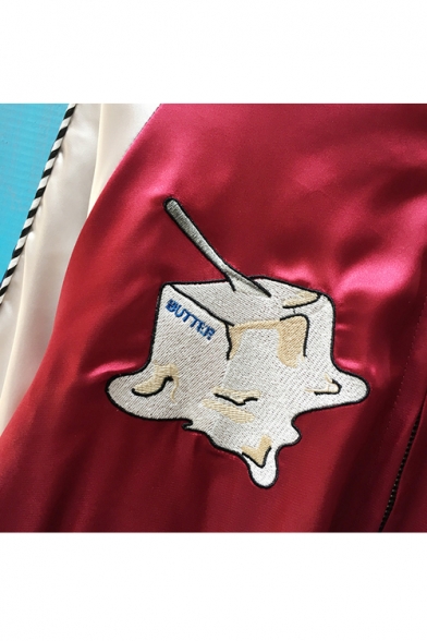 Contrast Long Sleeve Embroidery Bread Milk Butter Pattern Zip Up Baseball Jacket