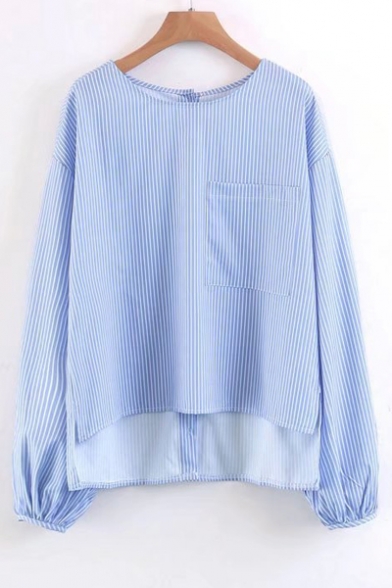 Dipped Hem Striped Pattern Chic Buttons Down Back Long Sleeve Round Neck Blouse