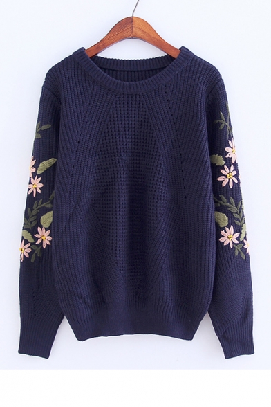 Embroidery Floral Long Sleeve Round Neck Pullover Sweater