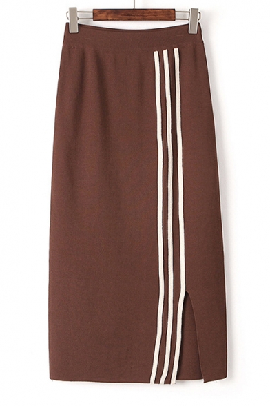 Fall Winter Collection Striped Split Maxi Knitted Skirt