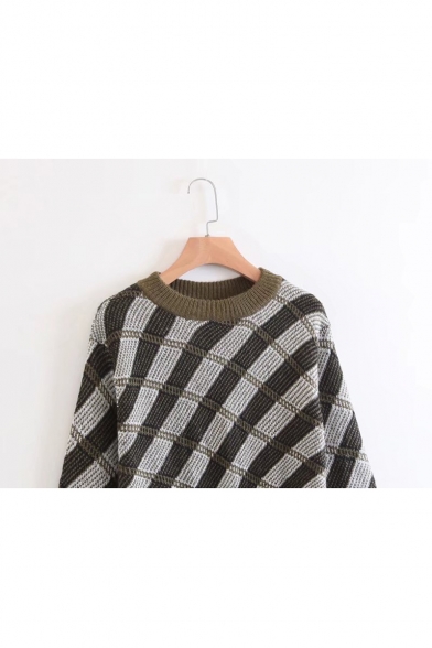 Fashion Color Block Plaids Pattern Round Neck Long Sleeve Sweater