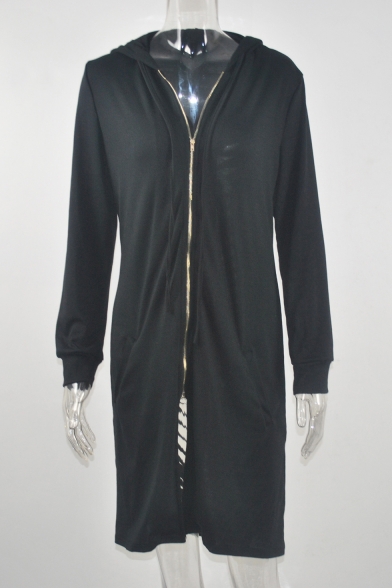 Fashion Hollow Out Back Hooded Long Sleeve Plain Zip Up Coat