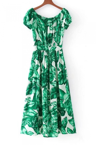 Fashion Leaves Printed Color Block Off the Shoulder Single Breasted Maxi Dress