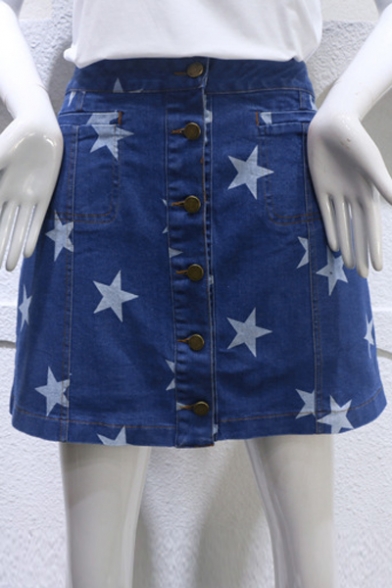 Fashion Pentacle Printed Single Breasted Mini Denim A-Line Skirt