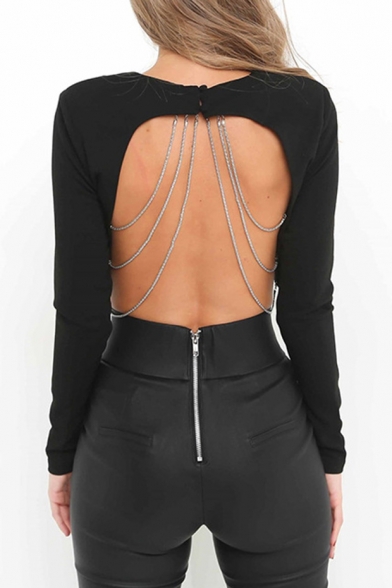 Fashion Sexy Chain Open Back Round Neck Long Sleeve Plain Cropped T-Shirt