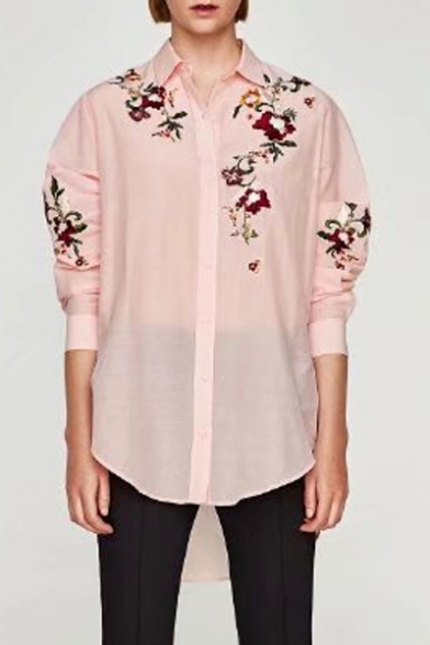 New Arrival Fashion Floral Embroidered Lapel Collar Long Sleeve Buttons Down Shirt