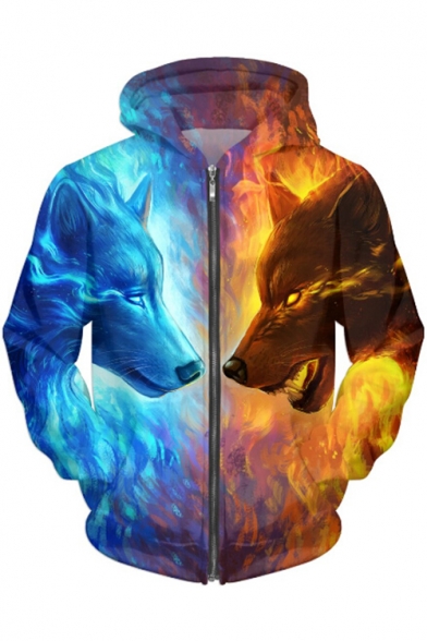 New Collection Digital Wolf Pattern Long Sleeve Zip Up Hoodie