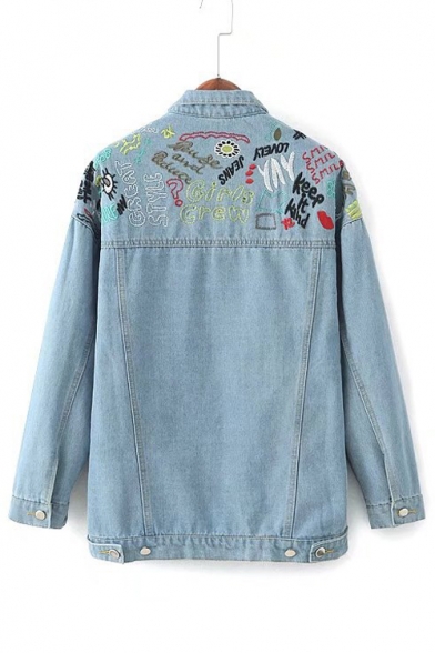 New Collection Fashion Letter Embroidered Back Buttons Down Denim Jacket