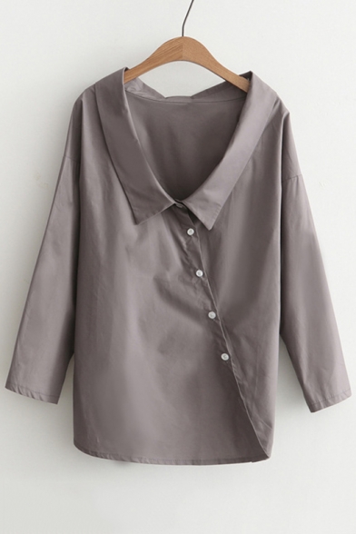 New Stylish Lapel Oblique Single Breasted Long Sleeve Plain Shirt