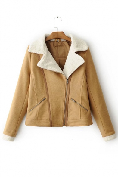 Notched Lapel Long Sleeve Winter's Warm Zip Up Woolen Jacket