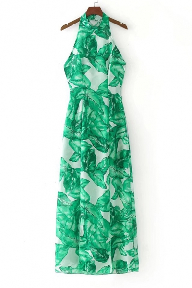 Sexy Halter Straps Back Sleeveless Leaves Printed Maxi A-Line Dress