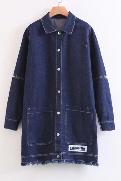 Simple Letter Embroidered Raw Edge Hem Long Sleeve Buttons Down Denim Coat