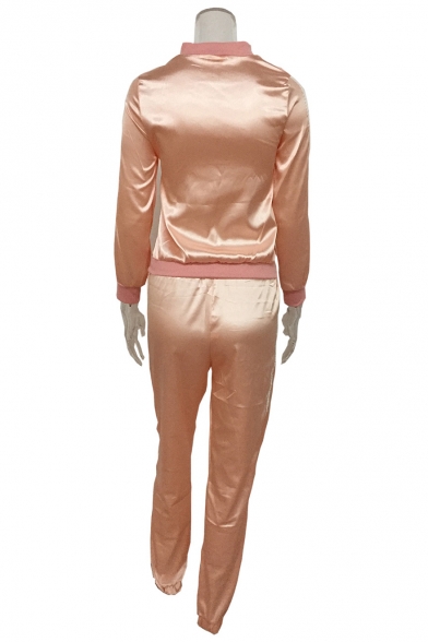 Simple Plain Stand-Up Collar Long Sleeve Zip Up Coat with Sports Pants