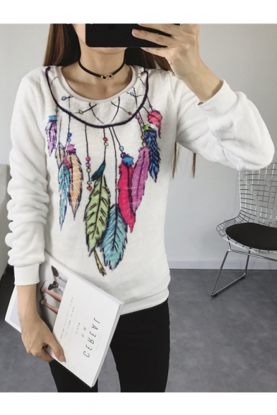 Tribal Print Feather Pattern Long Sleeve Round Neck Sweatshirt