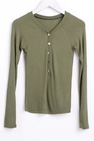 V Neck Long Sleeve Buttons Down Front Simple Plain Pullover Sweater