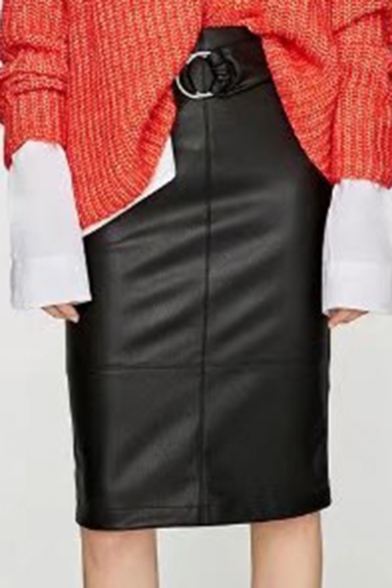 Women's Belt Waist Plain Midi PU Pencil Skirt