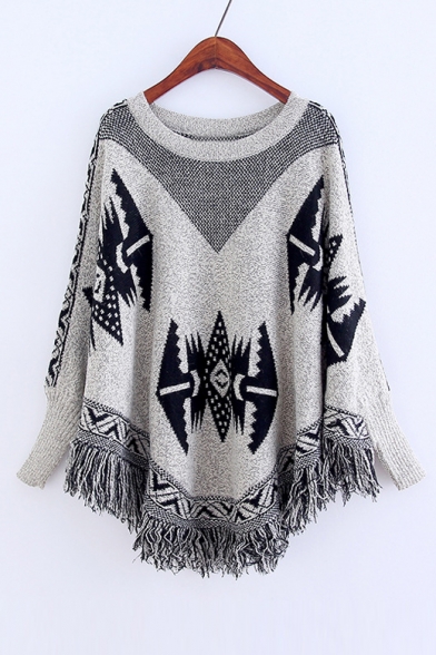 Women's Color Block Pattern Long Sleeve Tassel Cape Sweater