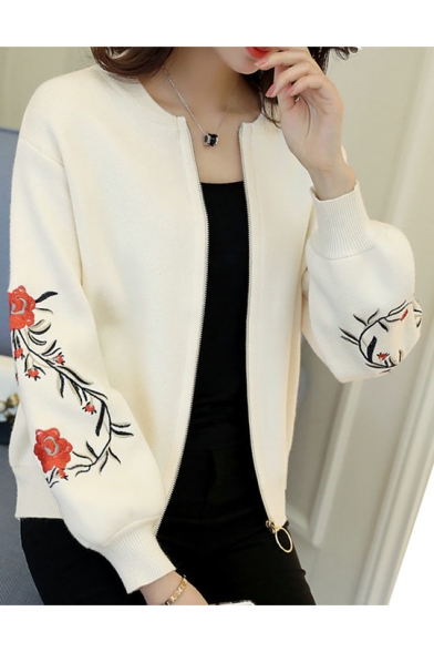 Chic Floral Embroidered Round Neck Long Sleeve Zip Up Cardigan