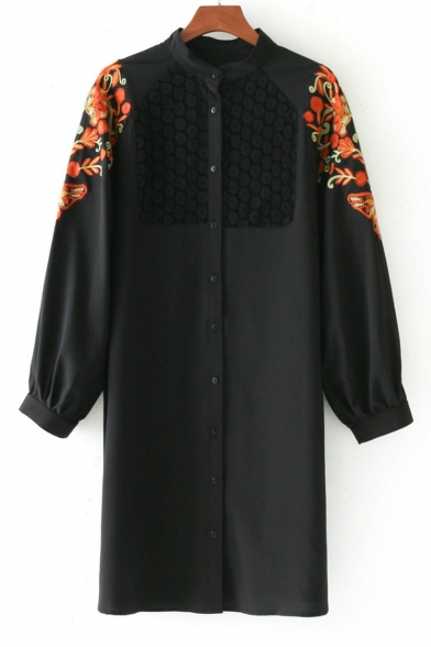 Chic Floral Embroidery Long Sleeve Buttons Down Midi Shift Shirt Dress